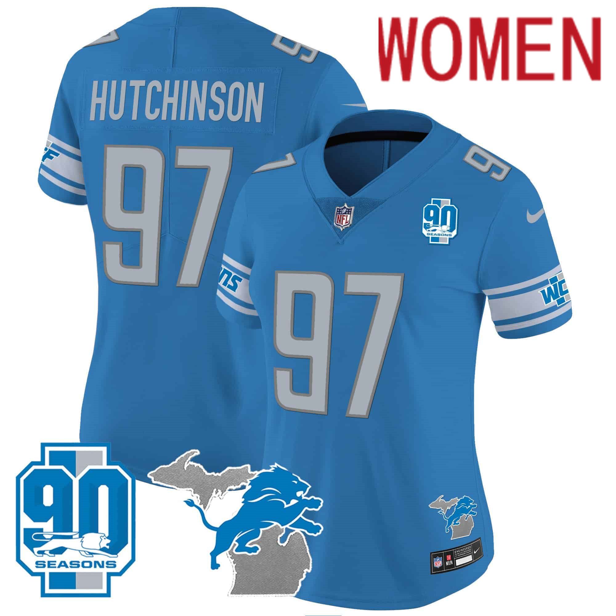 Women Detroit Lions #97 Hutchinson Blue 2024 Nike 90th Year Michigan Patch Vapor NFL Jersey style 1